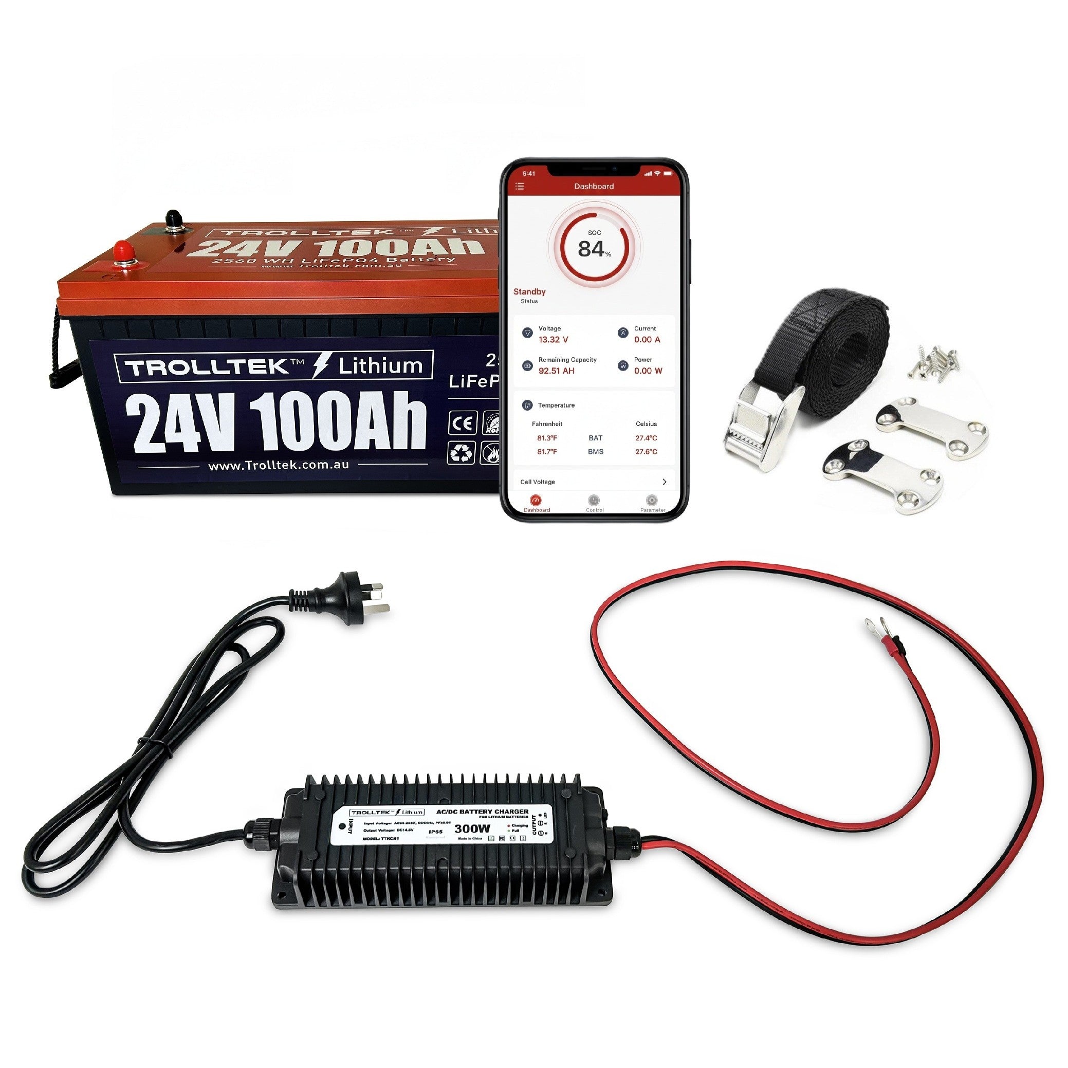 The Trolltek™ 24V LiFePO4 Lithium Battery AC Bundle by FREE SHIPPING includes the battery with Bluetooth, a monitoring app on a smartphone, charger and cables, mounting brackets, screws, and a black strap arranged on a white background.
