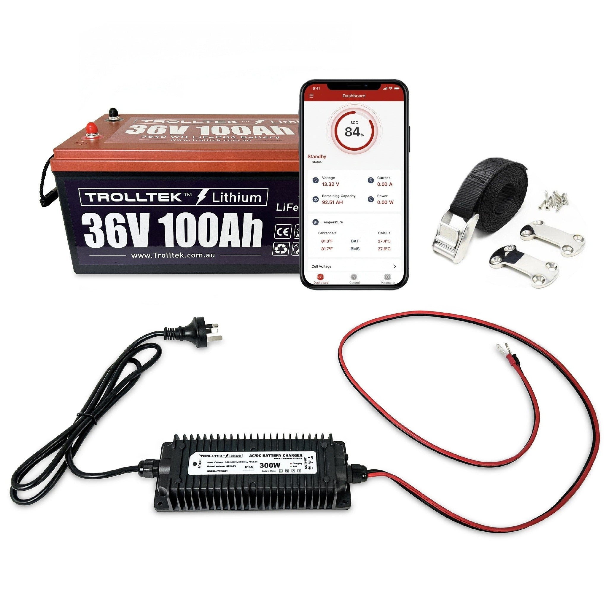 The Trolltek™ 36V LiFePO4 Lithium Battery AC Bundle by FREE SHIPPING includes the battery, a Bluetooth monitoring app shown on a smartphone, black charging adapter with cable, battery straps, and metal mounting hardware on a white background.