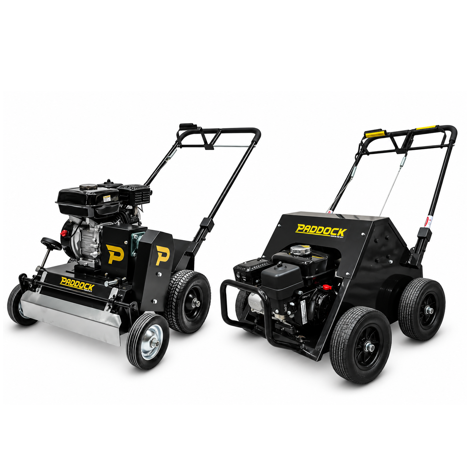 Two black Paddock™ Motorised Lawn Care Bundle – Aerator & 22″ Dethatcher machines, each featuring a Honda GX160 engine and four wheels.