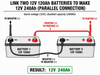 Diagram illustrating two 12V 120Ah batteries connected in parallel with Trolltek™ Battery Linking Cables (1/0 AWG / 50 mm² x 300mm, M8 ring terminals) from Trolltek—positive terminals joined together and negative terminals joined together—to achieve a combined output of 12V 240Ah, making it ideal for powerful 12V, 24V, or even 36V battery systems.