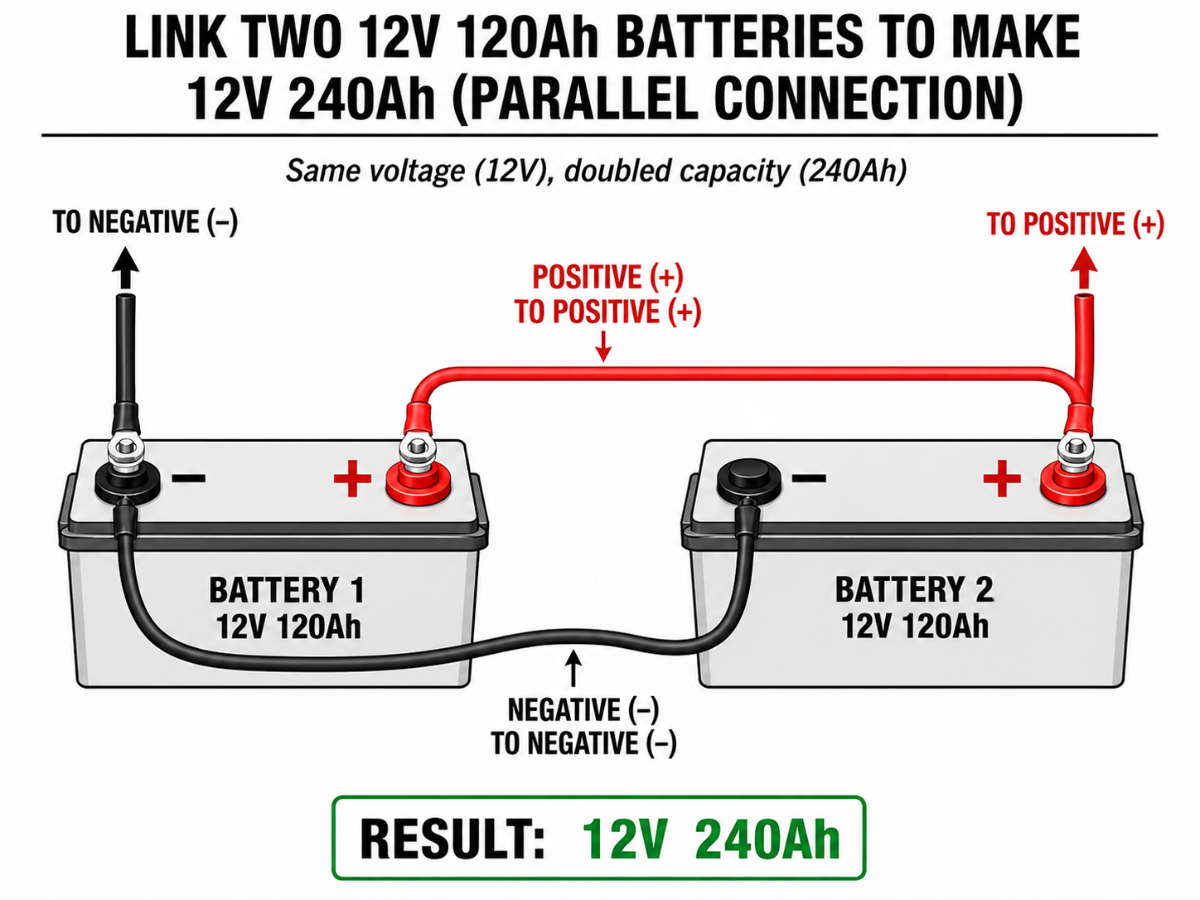 Diagram illustrating two 12V 120Ah batteries connected in parallel with Trolltek™ Battery Linking Cables (1/0 AWG / 50 mm² x 300mm, M8 ring terminals) from Trolltek—positive terminals joined together and negative terminals joined together—to achieve a combined output of 12V 240Ah, making it ideal for powerful 12V, 24V, or even 36V battery systems.