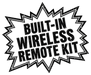 Black starburst outline with bold black text in all caps reading BUILT-IN WIRELESS REMOTE KIT on a white background, perfect for operating your Sherpa 4x4 Black Edition ‘Stallion’ 25,000Lb Winch during heavy recovery situations.