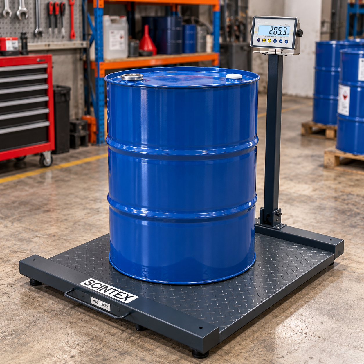 A blue metal drum sits on a Scintex 1000kg Digital Drum Scales with Ramps – 1m x 1m Platform, with a digital display showing a weight of 205.3 kilograms.