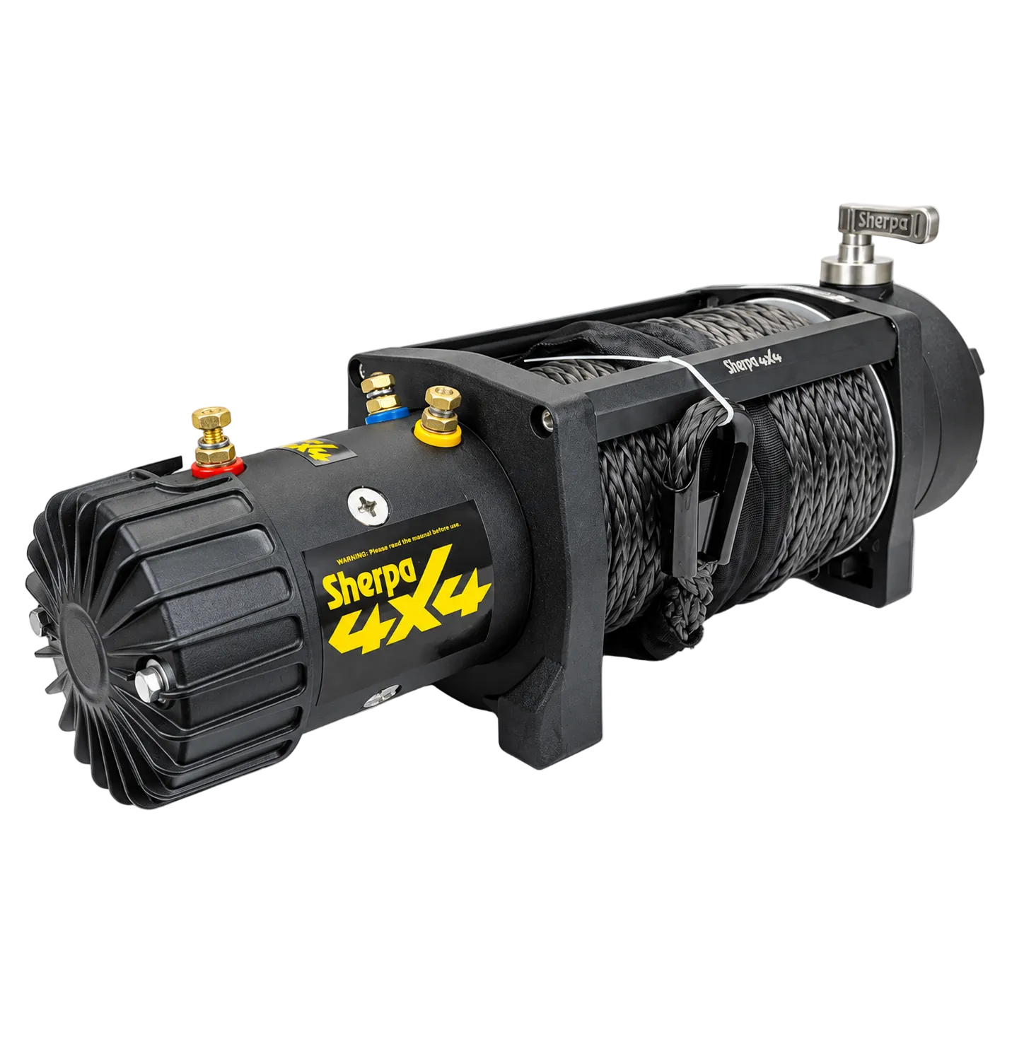 The Sherpa 4x4 Black Edition ‘Colt’ 12,000Lb Winch features durable synthetic rope, robust metal hooks, and bold yellow Sherpa 4x4 branding, engineered for dependable off-road vehicle recovery.