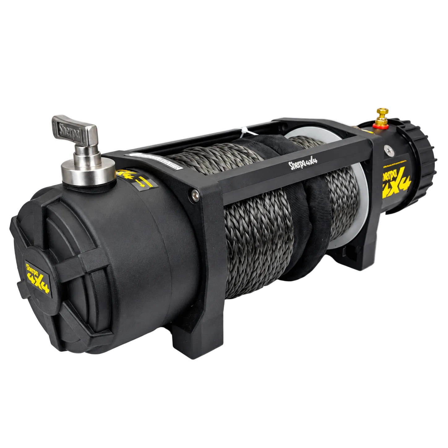 The Sherpa 4x4 Black Edition ‘Colt’ 12,000lb Winch features a steel cable wound around a drum, black housing, durable mounting frame, and eye-catching yellow Sherpa 4x4 branding on the sides. Engineered for demanding recovery situations, this winch delivers powerful performance with ease.