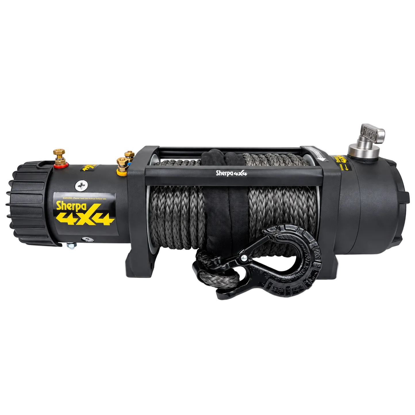 The Sherpa 4x4 Black Edition ‘Colt’ 12,000Lb Winch is a powerful electric winch featuring synthetic rope, a metal hook, and control switches, specifically designed by Sherpa 4x4 for off-road and vehicle recovery applications.