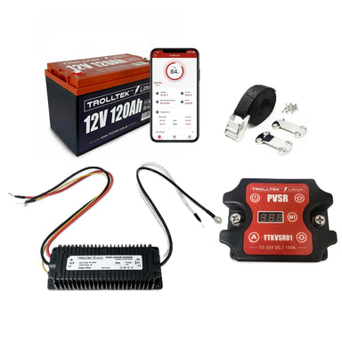 The Trolltek™ 12V LiFePO4 Lithium Battery DC Bundle by FREE SHIPPING includes the battery, Bluetooth app on a smartphone, black charger with wires, red power module, strap, and terminal connectors displayed on a white background.