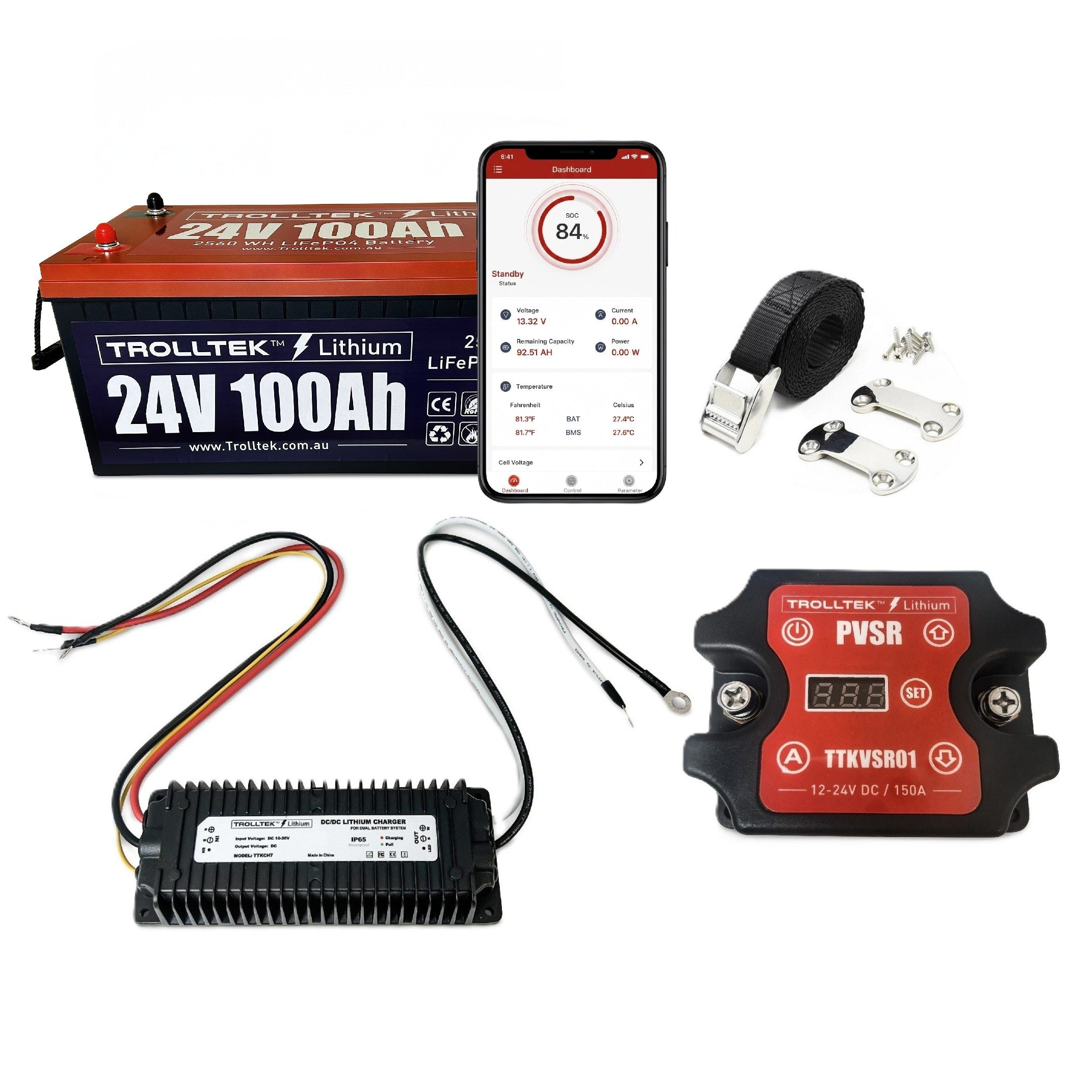 The Trolltek™ 24V LiFePO4 Lithium Battery DC Bundle by FREE SHIPPING includes a Bluetooth battery, smartphone with monitoring app, black strap with mounting brackets, power converter, and a red/black PVSR BMS device, all shown on a white background.