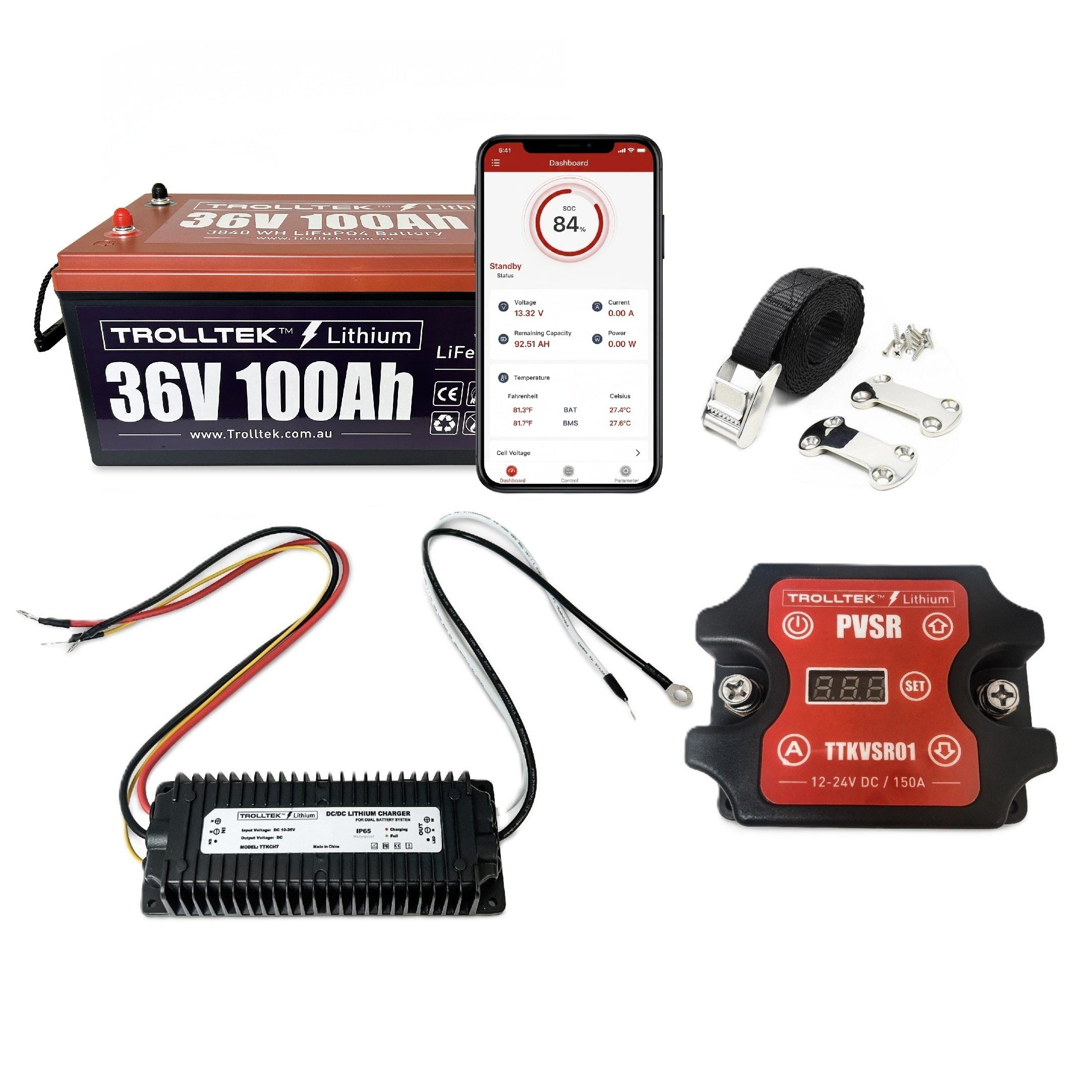 The Trolltek™ 36V LiFePO4 Lithium Battery DC Bundle by FREE SHIPPING includes wiring, connectors, a digital display, charger, strap, and Bluetooth app for battery management—shown on a smartphone screen.