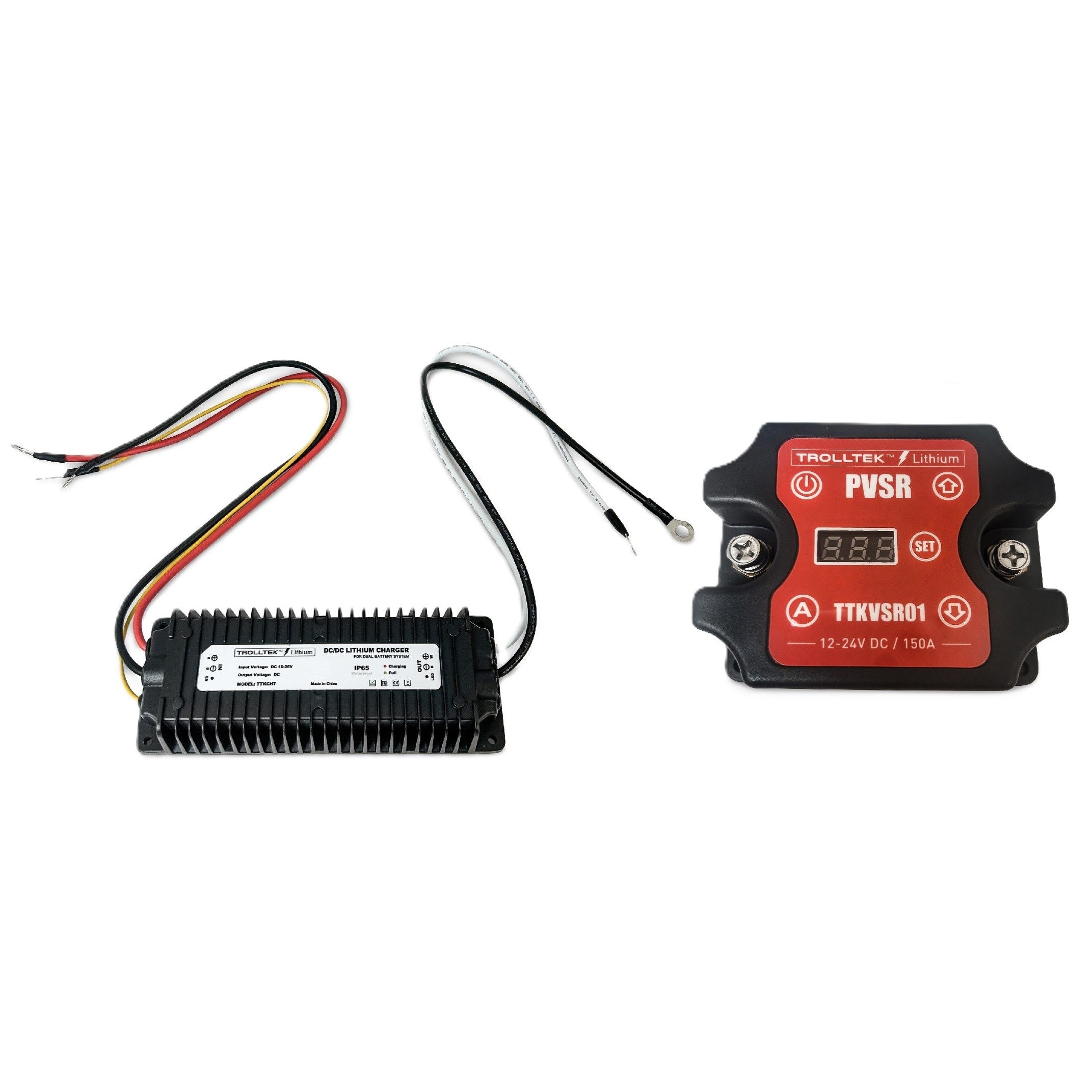 Two electronic devices are shown: the Trolltek™ DC/DC Charger & VSR Bundle by FREE SHIPPING, featuring a black programmable relay with attached wires and a red charger, both displayed on a white background.