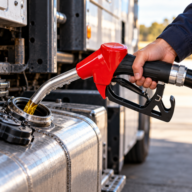A hand holding a red Gravity Feed Automatic Diesel Nozzle – 8–50 L/min while dispensing fuel into the tank of a large truck.