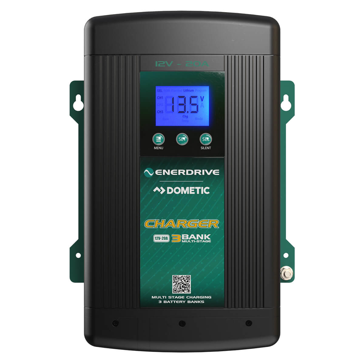 The Enerdrive ePOWER Smart AC Charger, in black and green, features a digital display showing 13.6V, multistage smart charging for 12V systems, and supports up to three battery banks. Brand: FREE SHIPPING.