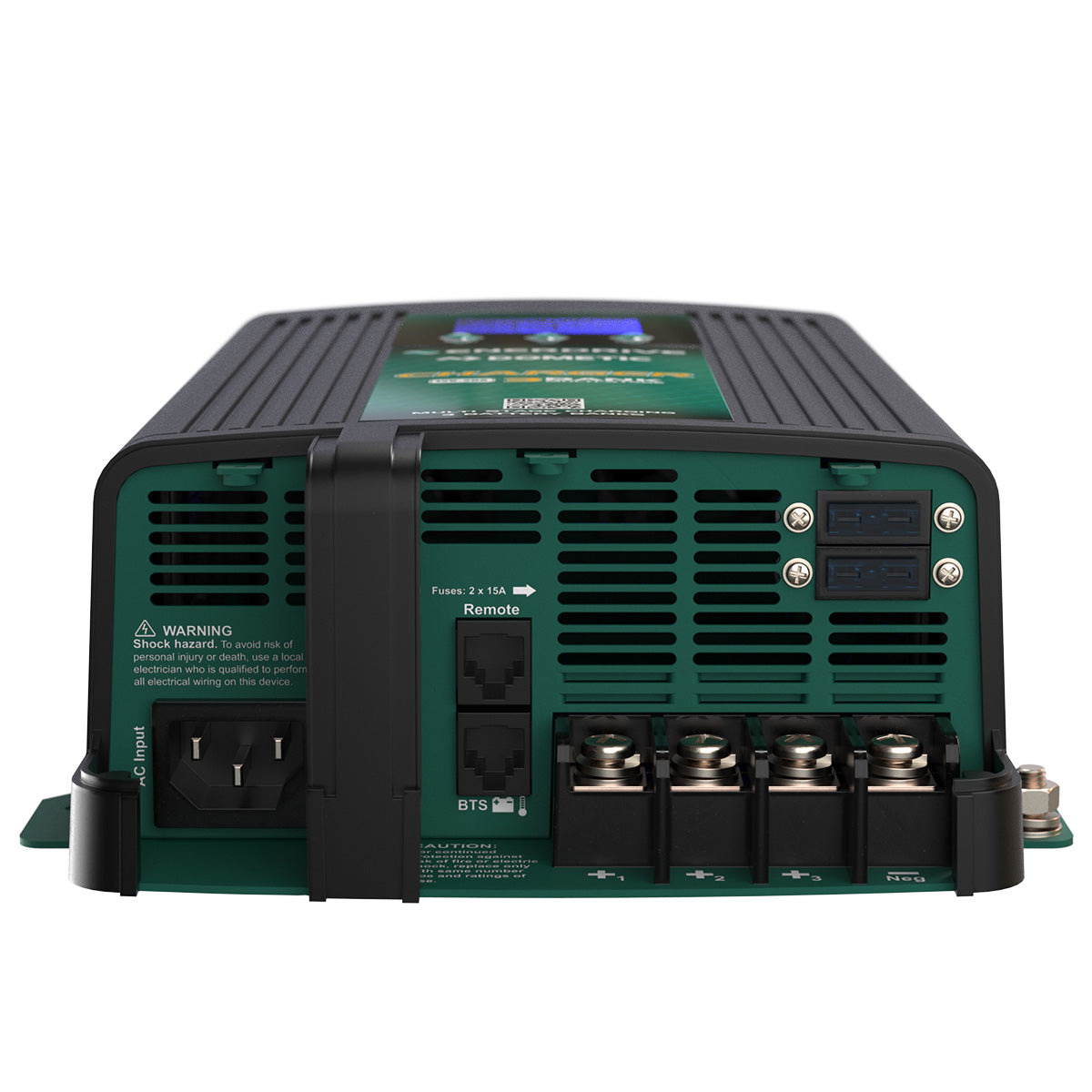 A close-up of the Enerdrive ePOWER Smart AC Chargers by FREE SHIPPING shows its green and black casing, multiple ports, connectors, warning labels, and an isolated charging design as seen from the back.