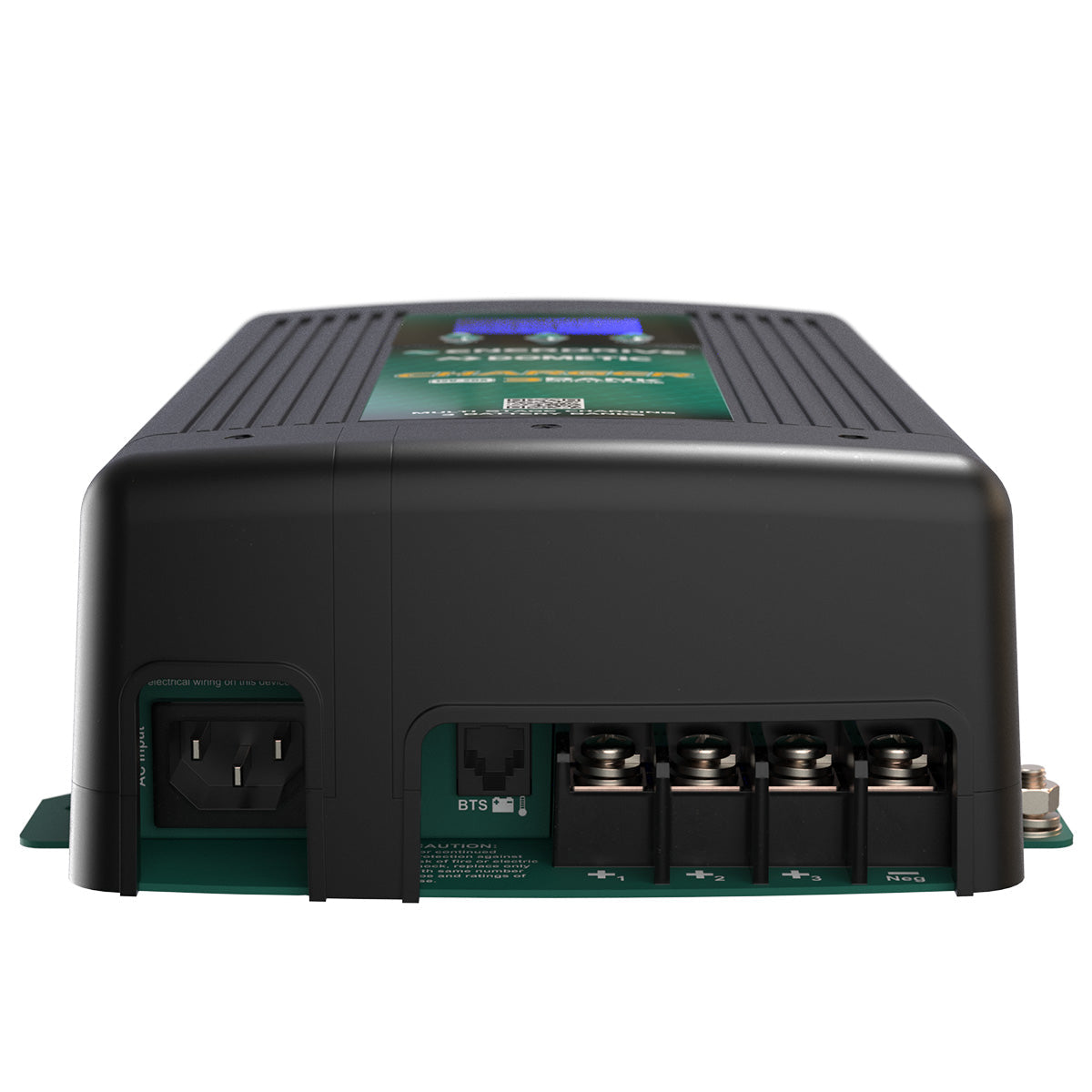 The Enerdrive ePOWER Smart AC Charger by FREE SHIPPING is a black device with power input, multiple ports, and terminal screws on one side, seen from a low front angle. A labeled top details its advanced multistage smart charging features.