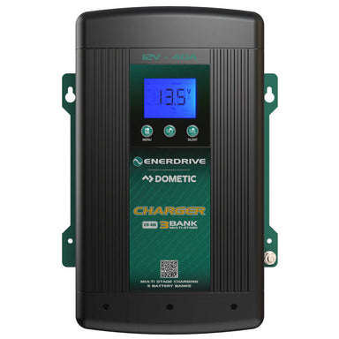 Front view of a black and green Enerdrive ePOWER Smart AC Charger by FREE SHIPPING, featuring a blue digital display at 13.5V, Menu and Silent buttons, isolated charging design, and side mounting brackets.