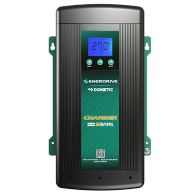 The Enerdrive ePOWER Smart AC Charger by FREE SHIPPING features a black and green design, digital screen showing 27.0V, MENU and SAVE buttons, and indicator lights for multistage smart charging on the front panel.