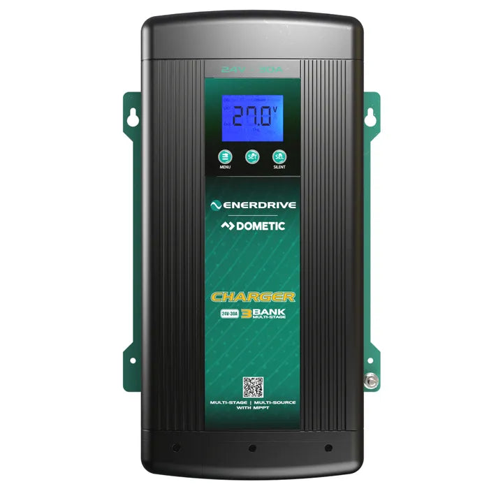 The Enerdrive ePOWER Smart AC Charger by FREE SHIPPING features a black and green design, digital screen showing 27.0V, MENU and SAVE buttons, and indicator lights for multistage smart charging on the front panel.