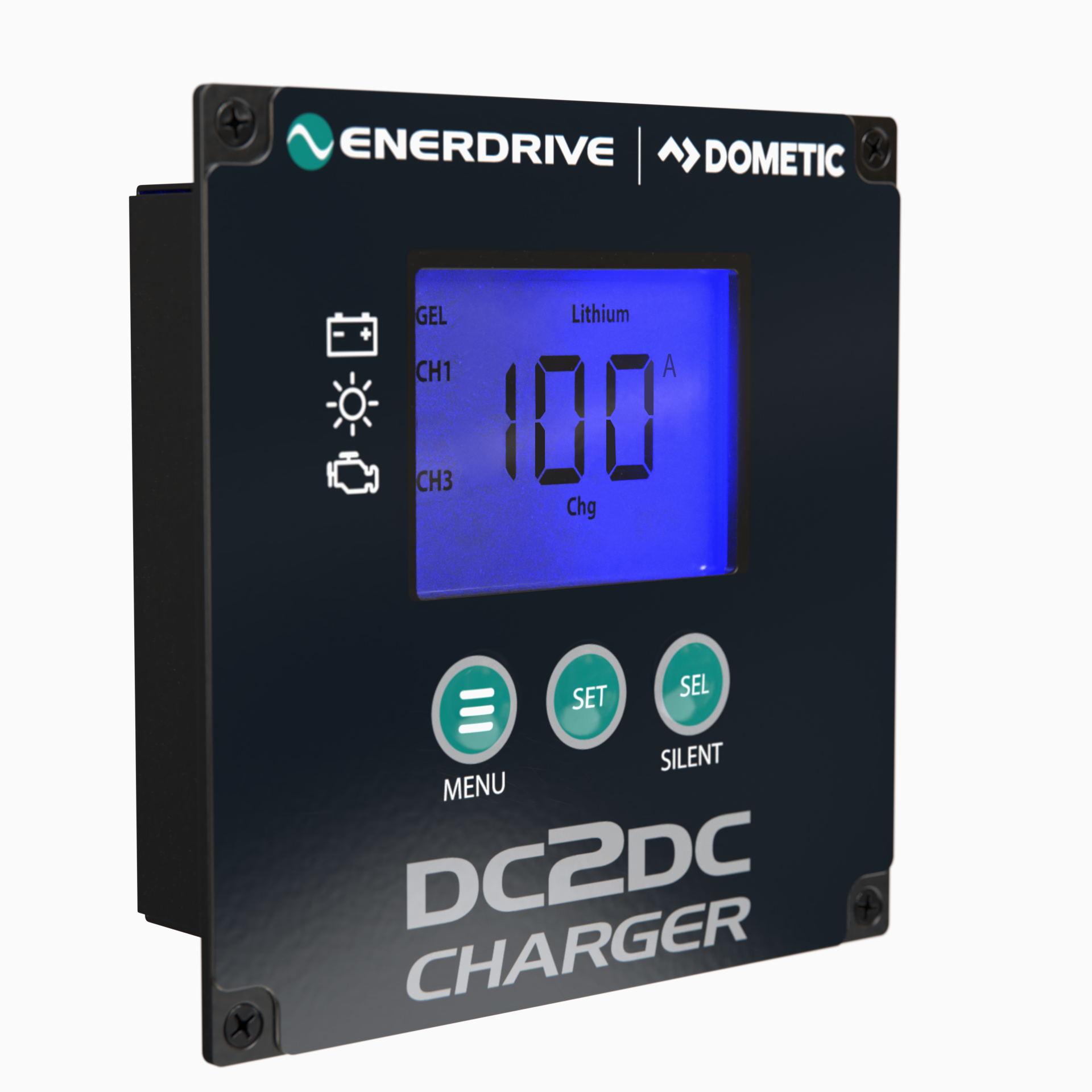 The FREE SHIPPING Enerdrive DC2DC 100amp 12V Battery Charger/MPPT Reg in black features dual DC inputs, a blue digital display reading "Lithium 100A CH1 Chg," four control buttons below, and icons on the left side.
