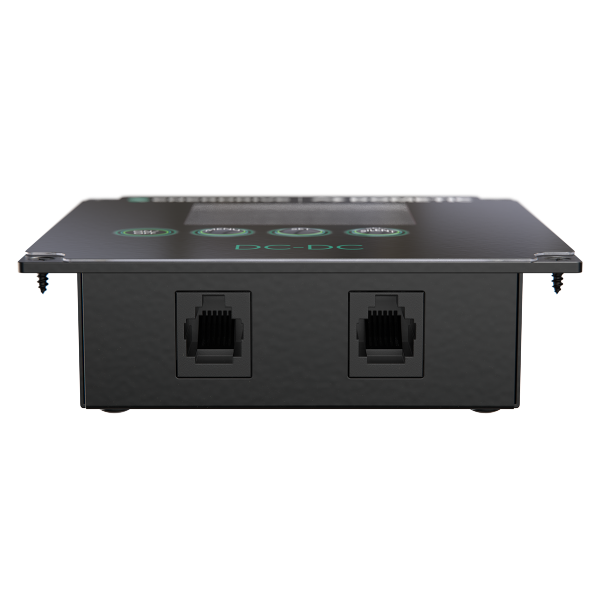 Front view of the Enerdrive DC2DC 100amp / 12v Battery Charger / MPPT Reg by FREE SHIPPING, featuring dual DC inputs, two Ethernet ports, and corner screws, set on a plain white background. Perfect for 12V 100A DC-DC battery charging.