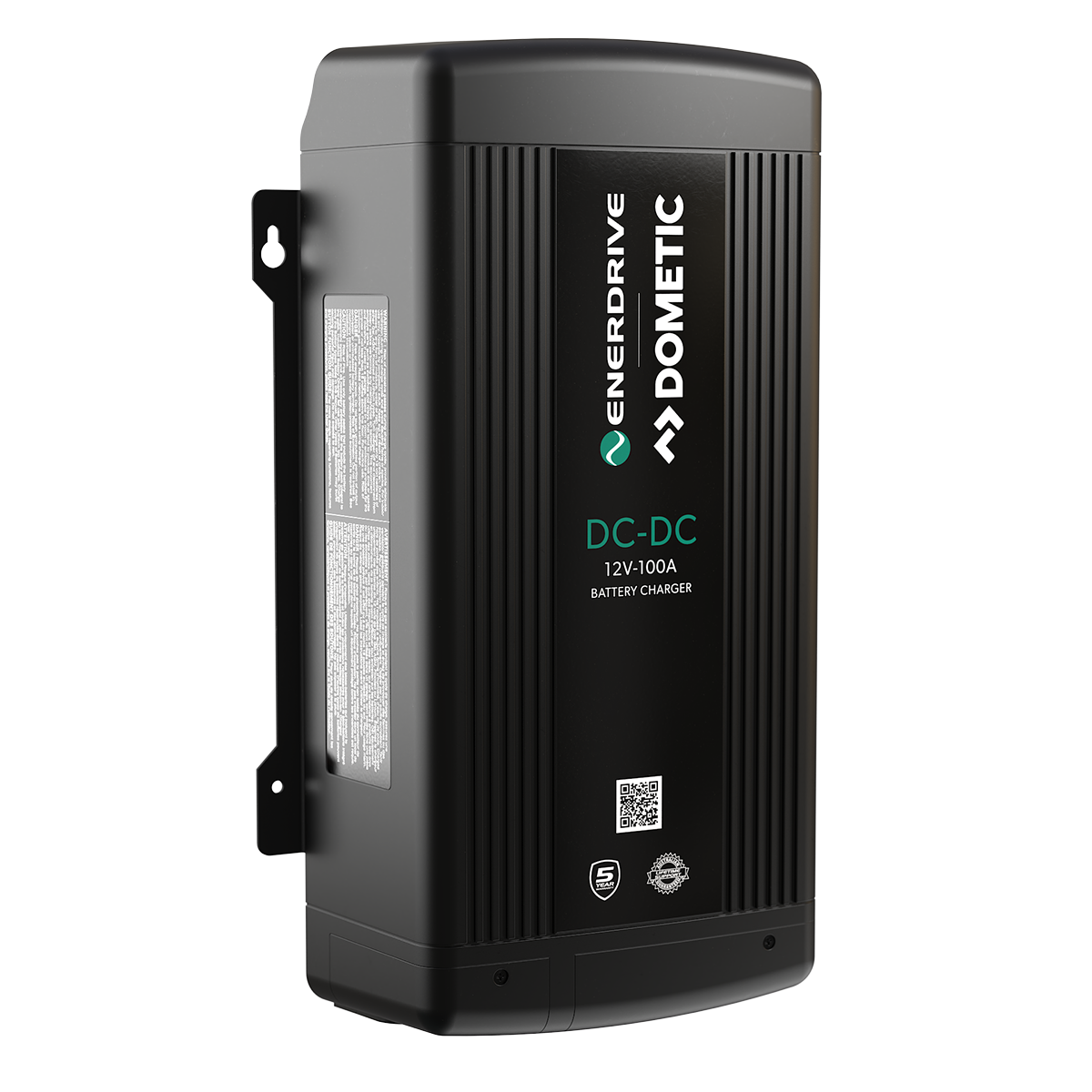 A black Enerdrive DC2DC 100amp 12V Battery Charger/MPPT Reg from FREE SHIPPING, shown front-side, features vertical ridges, branding, indicator icons, and dual DC inputs for MPPT solar charging on its surface.