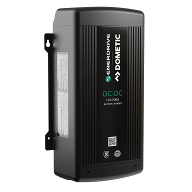 A black Enerdrive DC2DC 100amp 12V Battery Charger/MPPT Reg from FREE SHIPPING, shown front-side, features vertical ridges, branding, indicator icons, and dual DC inputs for MPPT solar charging on its surface.