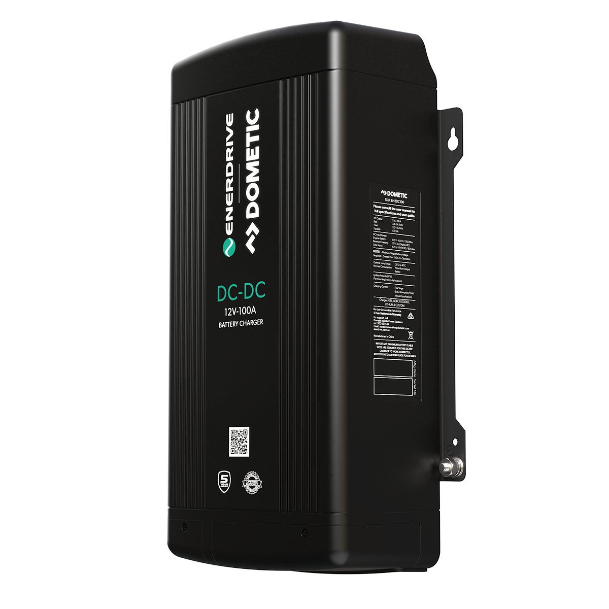 A black Enerdrive DC2DC 100amp 12V Battery Charger with MPPT Reg from FREE SHIPPING is mounted vertically on a white background. The front shows the brand, product name, and MPPT solar charging details in white and green text.