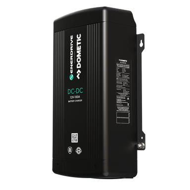 A black Enerdrive DC2DC 100amp 12V Battery Charger with MPPT Reg from FREE SHIPPING is mounted vertically on a white background. The front shows the brand, product name, and MPPT solar charging details in white and green text.