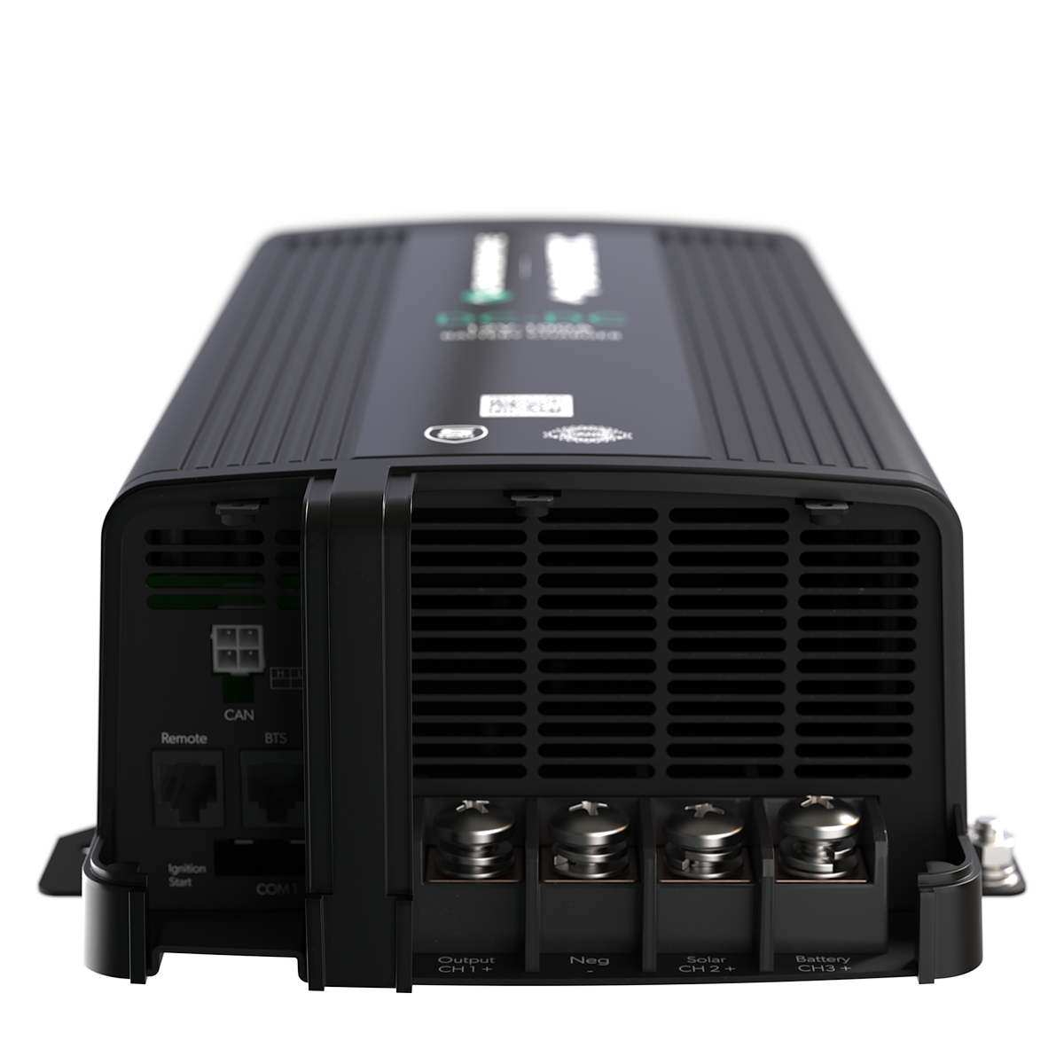 A black Enerdrive DC2DC 100amp 12V Battery Charger/MPPT Reg from FREE SHIPPING is shown from a low front angle, highlighting ventilation grilles, output and battery terminals, and dual DC inputs, set against a white background.