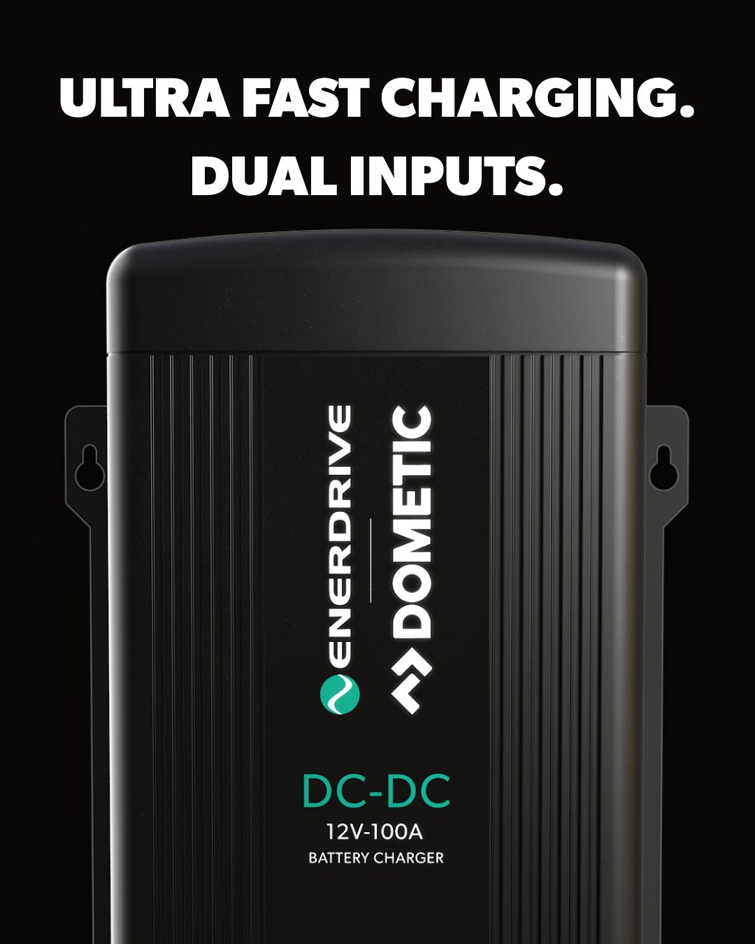 The Enerdrive DC2DC 100amp / 12v Battery Charger / MPPT Reg by FREE SHIPPING is shown on a black background with vertical branding. Bold white text above reads: ULTRA FAST CHARGING. DUAL DC INPUTS. MPPT solar charging for max efficiency.