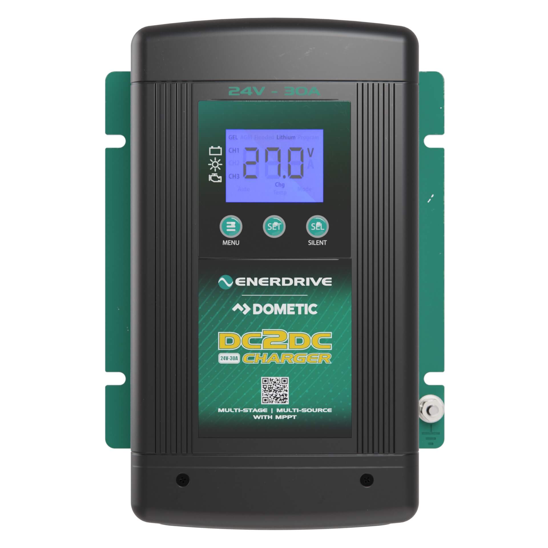 Front view of the Enerdrive DC2DC 30amp / 24v Battery Charger / MPPT by FREE SHIPPING, showing its digital display at 21.0V, labeled buttons, and green panel highlighting multi-source input as a multi input battery charger.