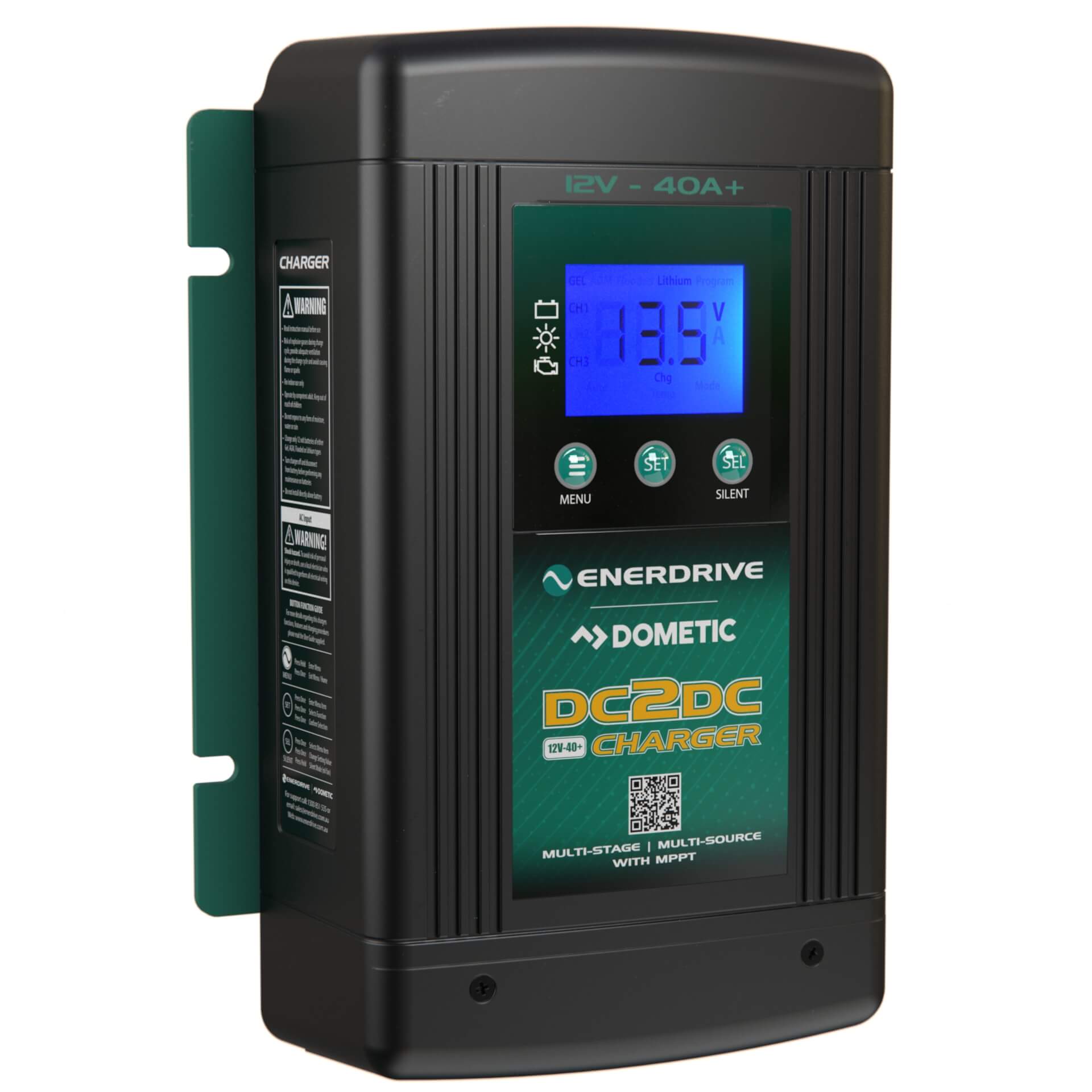 A black Enerdrive DC2DC 40+amp 12V Battery Charger/MPPT Reg by FREE SHIPPING features a blue digital display showing 13.5V, a green label, multiple front control buttons, and is mounted on a sturdy green bracket.