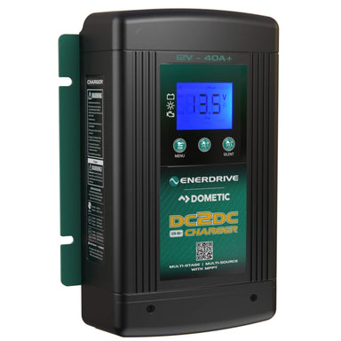 A black Enerdrive DC2DC 40+amp 12V Battery Charger/MPPT Reg by FREE SHIPPING features a blue digital display showing 13.5V, a green label, multiple front control buttons, and is mounted on a sturdy green bracket.