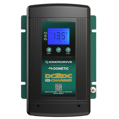 A black and green Enerdrive DC2DC 40+amp 12V Battery Charger/MPPT Reg by FREE SHIPPING, with digital display (13.5V), control buttons, and labeled as a multi-stage, multi-input charger with integrated MPPT solar controller.