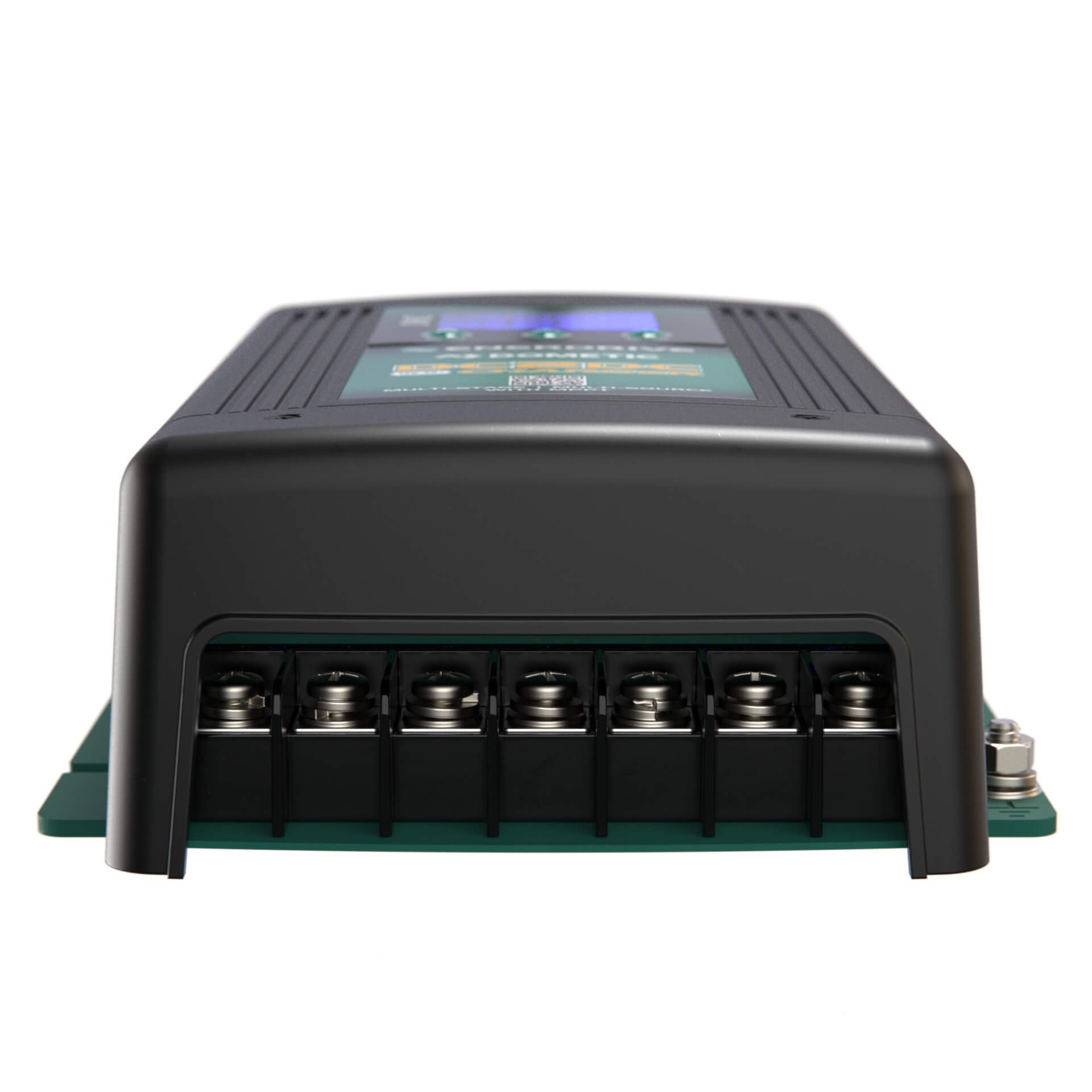 Front view of an Enerdrive DC2DC 40+amp 12v Battery Charger / MPPT Reg by FREE SHIPPING, black with six exposed terminal screw connections, shown against a white background.