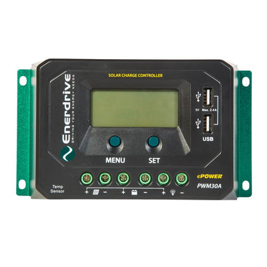 Front view of the FREE SHIPPING Enerdrive PWM 30A Solar Charge Controller - 12/24V with digital display, menu/set buttons, multiple ports, battery protection, and two right-side USB ports (5V, max 2.4A).