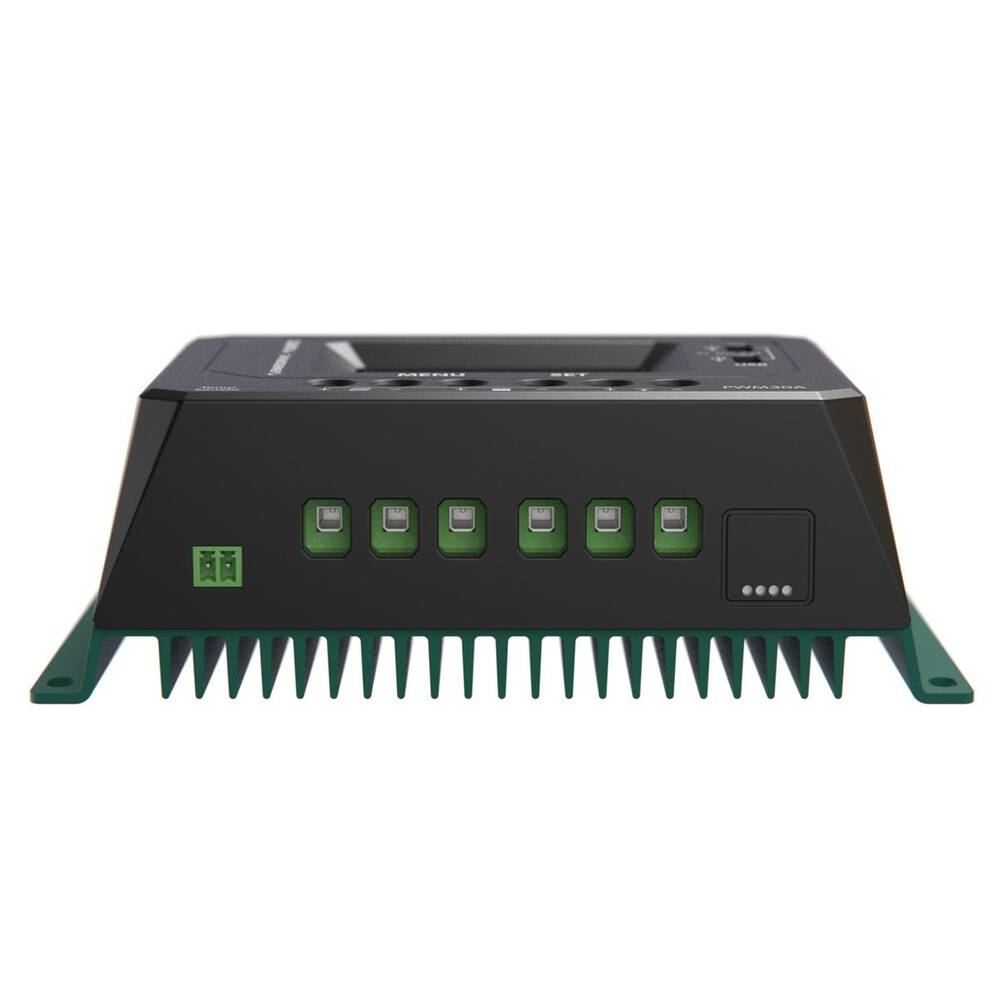 The Enerdrive PWM 30A Solar Charge Controller - 12/24V features green connectors, six front ports, and a green heat sink for reliable battery protection. Enjoy FREE SHIPPING with this dependable black electronic device.