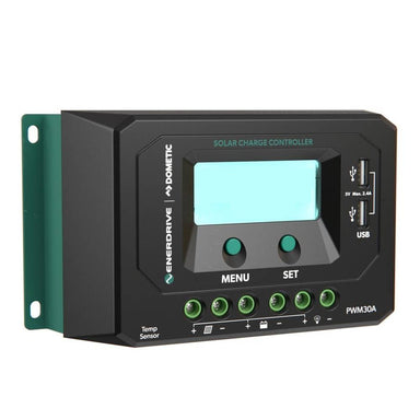 The FREE SHIPPING Enerdrive PWM 30A Solar Charge Controller - 12/24V features a black rectangular design with LCD screen, green Menu/Set buttons, USB ports, and indicator lights for battery protection and efficient solar charging.