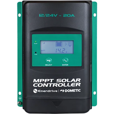 The Enerdrive MPPT Solar Controller w/Display - 12/24V by FREE SHIPPING is black and green, features a digital display (showing 14.2V), select and enter buttons, supports 12/24V 20A, and uses an advanced MPPT control algorithm.