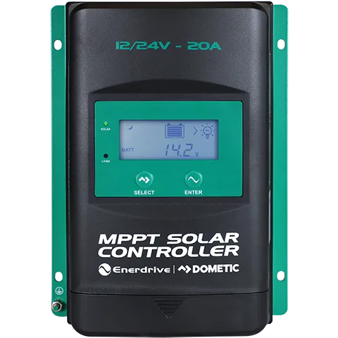 The Enerdrive MPPT Solar Controller w/Display - 12/24V by FREE SHIPPING is black and green, features a digital display (showing 14.2V), select and enter buttons, supports 12/24V 20A, and uses an advanced MPPT control algorithm.