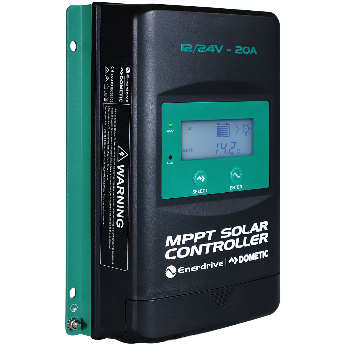 The Enerdrive MPPT Solar Controller w/Display - 12/24V features a digital display, Select and Enter buttons, FREE SHIPPING branding, and a side warning label.