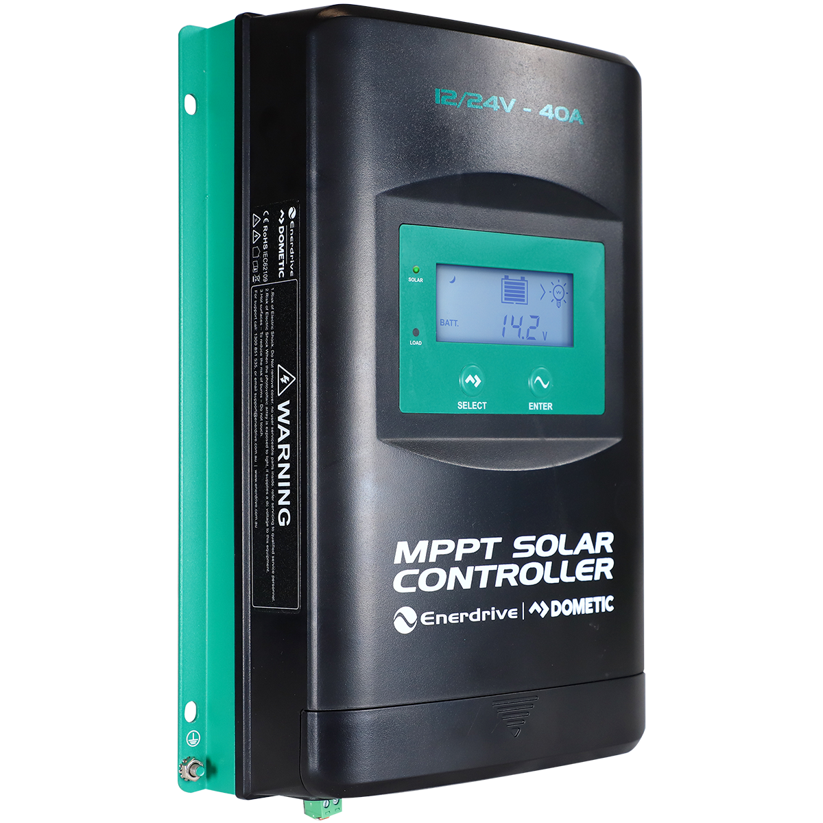 The Enerdrive MPPT Solar Controller w/Display - 12/24V by FREE SHIPPING features a black and green design, advanced MPPT control algorithm, LCD showing 14.2V, Select and Enter buttons, and a warning label on the side.