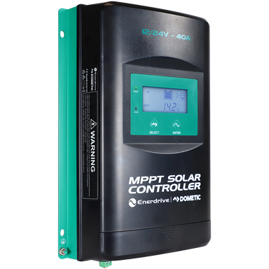 The Enerdrive MPPT Solar Controller w/Display - 12/24V by FREE SHIPPING features a black and green design, advanced MPPT control algorithm, LCD showing 14.2V, Select and Enter buttons, and a warning label on the side.