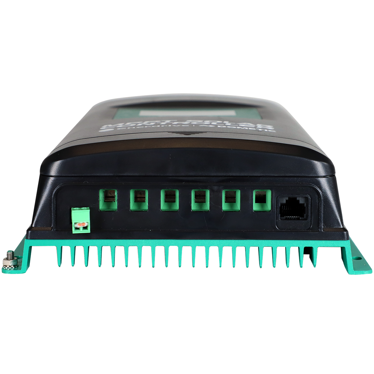 A close-up of the back panel of the Enerdrive MPPT Solar Controller w/Display - 12/24V by FREE SHIPPING shows six green terminals, a small connector, and an Ethernet port above a green heat sink.