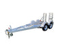 The Paddock Mini Loader & Excavator Alloy Equipment Trailer is a white, dual-axle heavy-duty trailer with loading ramps, metal wheel guards, and a long tow bar from a leading Brisbane manufacturer, shown on a white background.