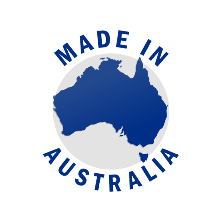 A blue silhouette of Australia is centered in a white circle, with bold blue letters spelling MADE IN AUSTRALIA—perfect for promoting the Paddock Ultimate Diesel Mini Loader & Trailer Bundle by Paddock, proudly made Down Under.