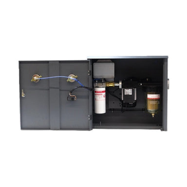A gray Gespasa Box Diesel Treatment System by Gespasa, with its door open to show internal components for diesel treatment and contamination prevention, has two locks and a blue security cable attached to the door.