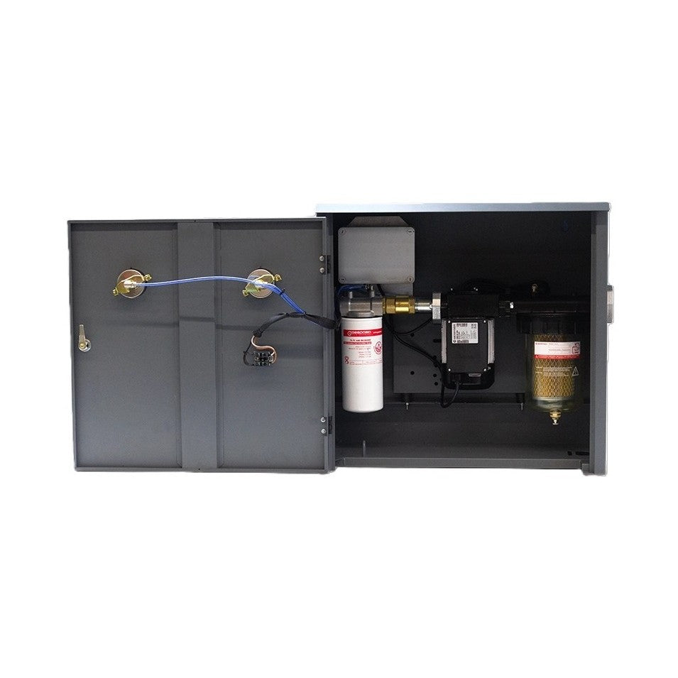 A gray Gespasa Box Diesel Treatment System by Gespasa, with its door open to show internal components for diesel treatment and contamination prevention, has two locks and a blue security cable attached to the door.