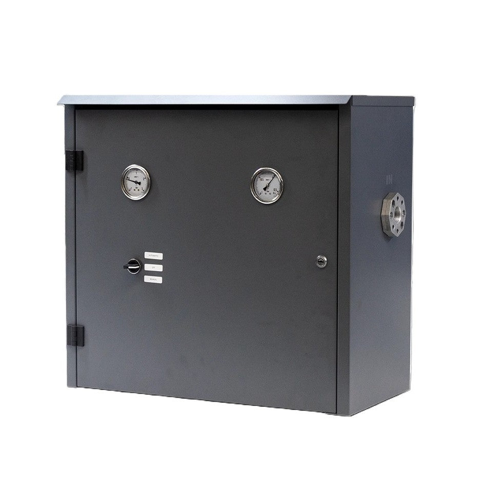 The Gespasa Box Diesel Treatment System by Gespasa is a gray metal control box with two dials, a knob, and three labeled switches on the front plus a circular right-side connector for automatic fuel filtration.