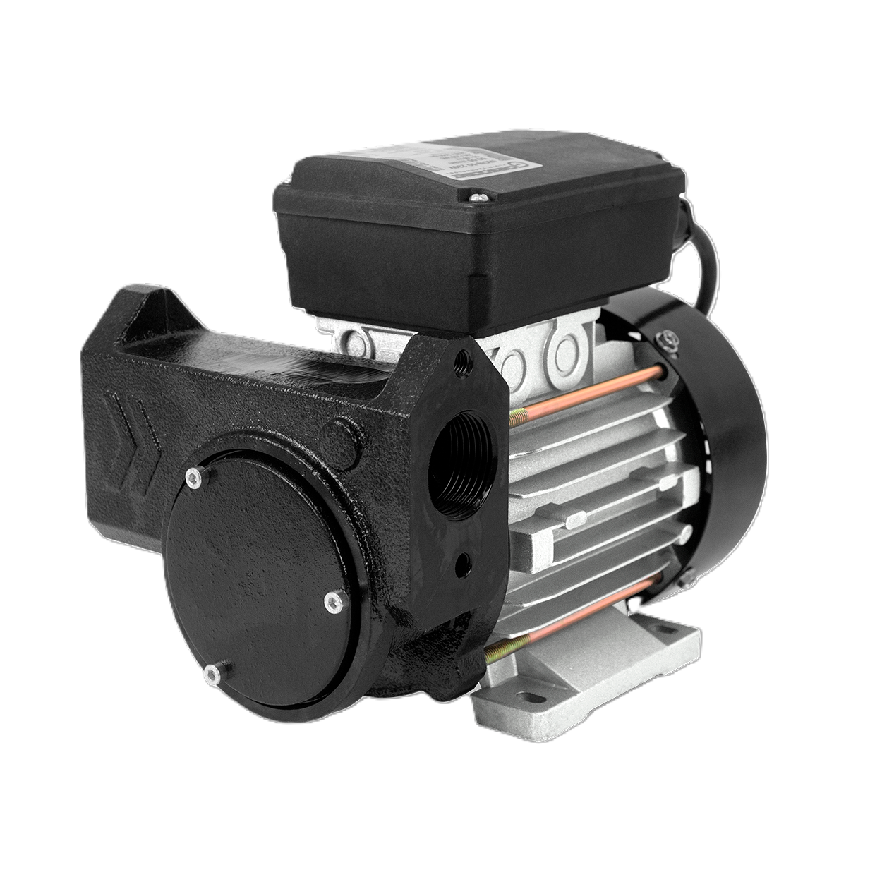 The Gespasa Box Diesel Treatment System by Gespasa, shown against a white background, is a black and silver electric motor for fuel filtration with a rectangular black top casing, side metal cooling fins, and a round mounting base.