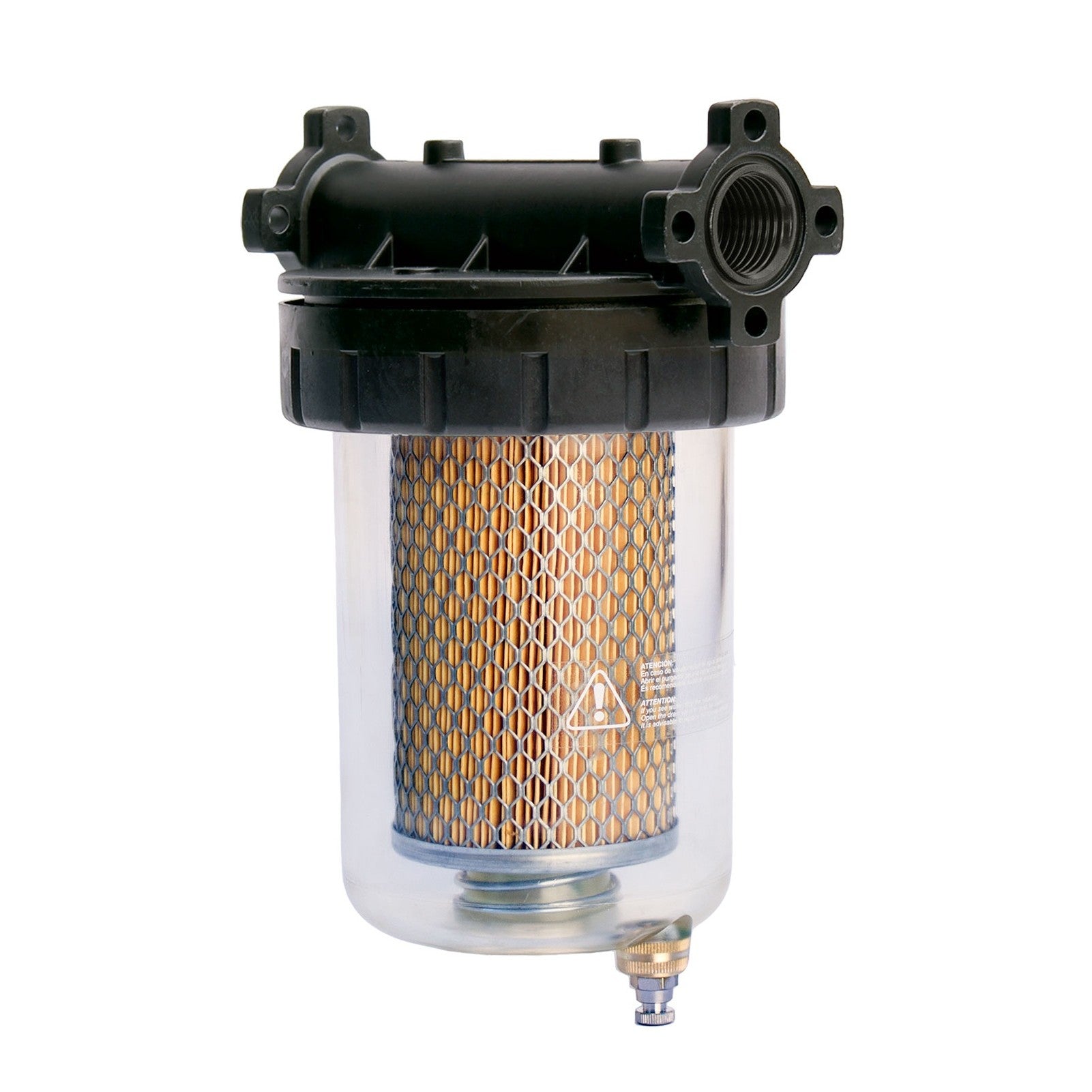 The Gespasa Box Diesel Treatment System by Gespasa is a cylindrical fuel filter with a transparent housing, yellow mesh cartridge, and black plastic top with threaded fittings and mounting points for effective diesel filtration and contamination prevention.